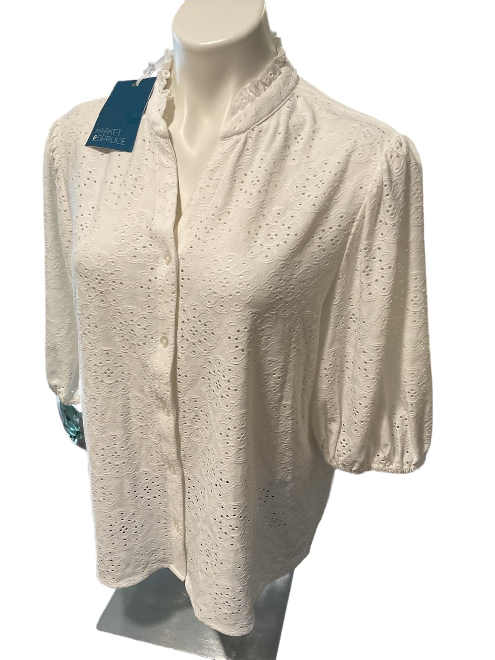 Market & Spruce White Eyelet Ruffle-Neck Button Down Shirt